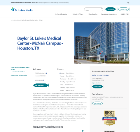 Baylor St. Luke's Medical Center - McNair Campus - Houston, TX | St ...