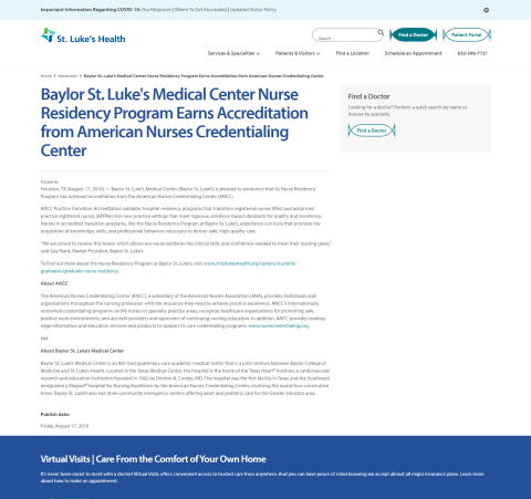 Baylor St. Luke's Medical Center Nurse Residency Program Earns ...