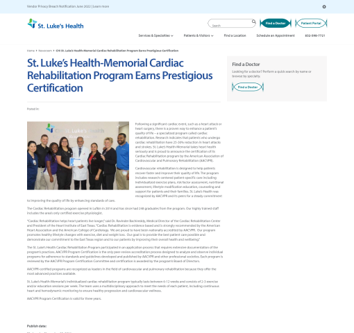 St Lukes Health Memorial Cardiac Rehabilitation Program Earns