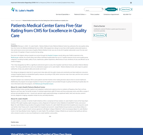 Patients Medical Center Earns Five-Star Rating from CMS for Excellence in Quality Care  St 