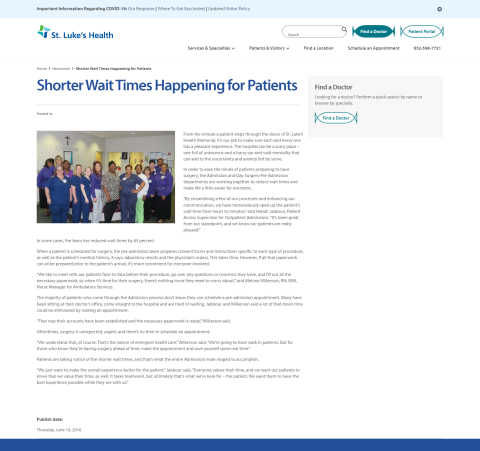 Shorter Wait Times Happening For Patients | St. Luke's Health | St ...