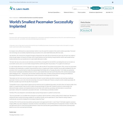 World’s Smallest Pacemaker Successfully Implanted | St. Luke's Health ...